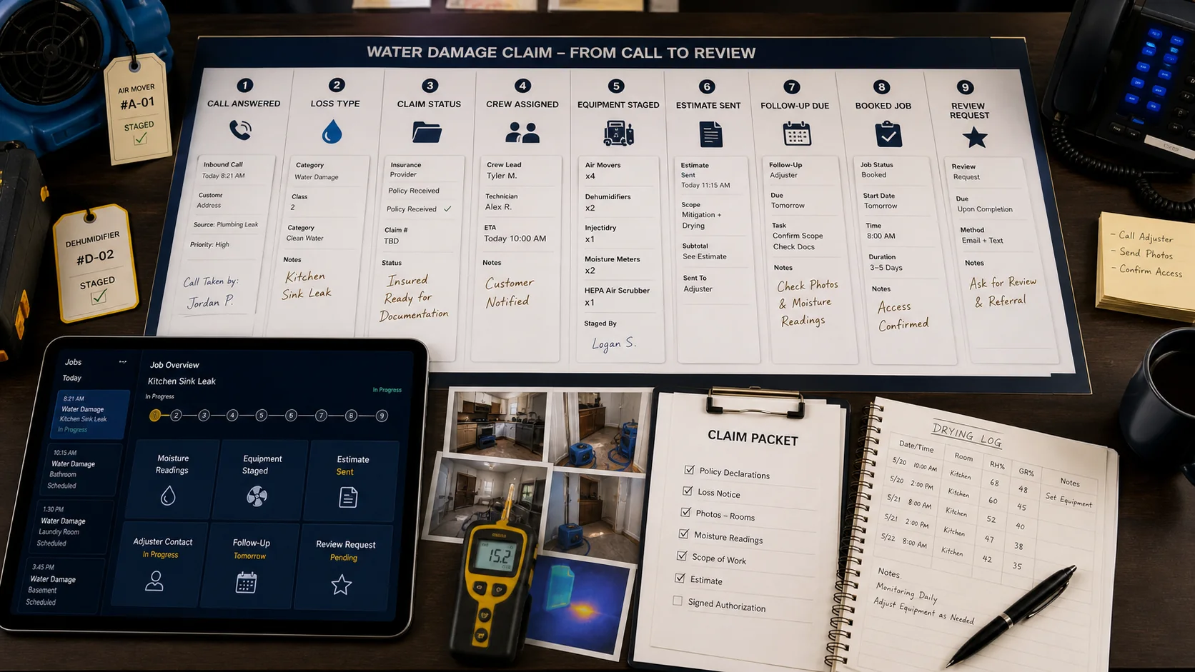 Generated restoration claim handoff workflow showing intake, loss classification, insurance documentation, crew dispatch, estimate follow-up, adjuster communication, booked mitigation, and review request.