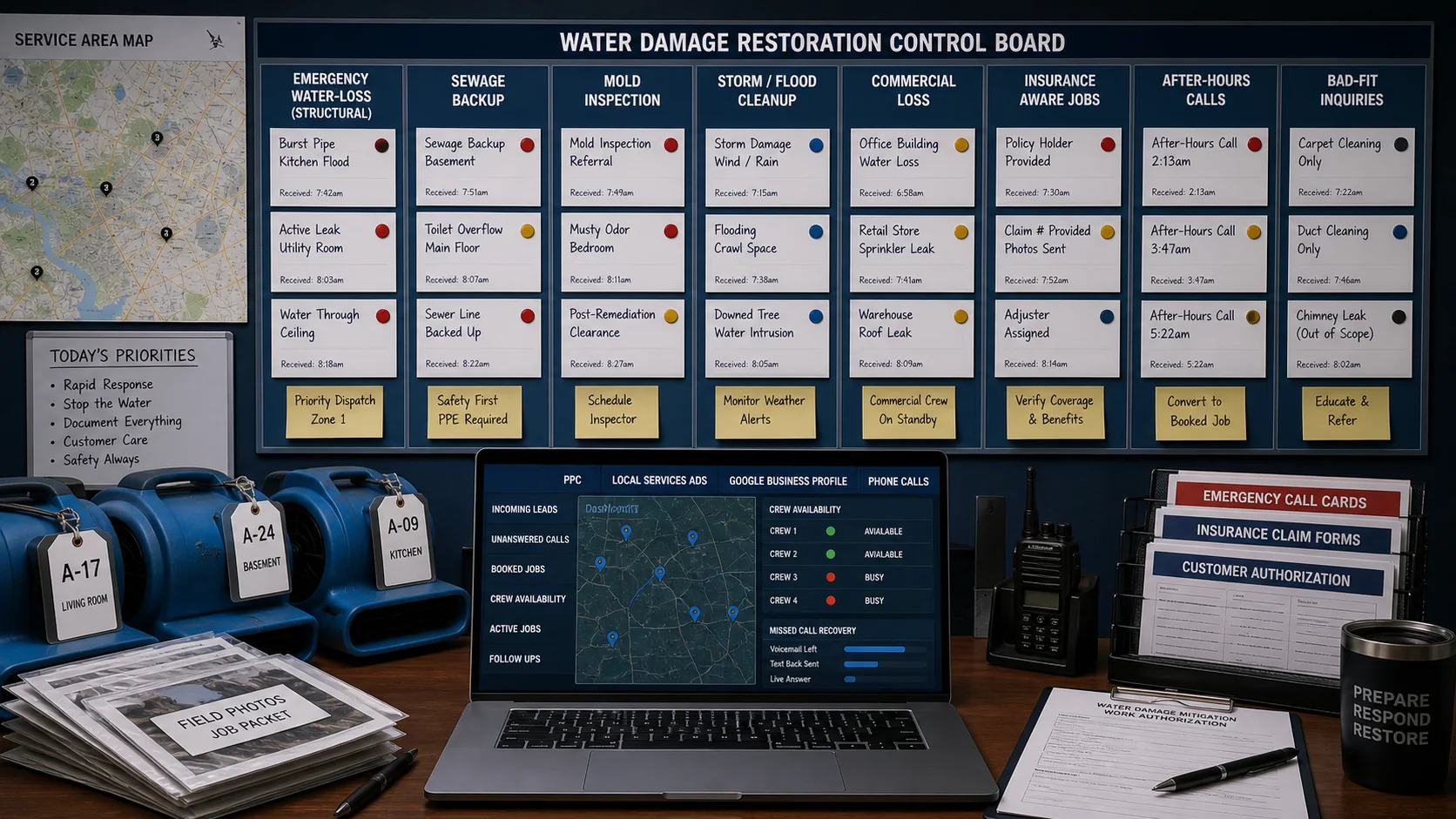 Generated restoration emergency demand control board showing water-loss calls, sewage backup, mold inspection, storm cleanup, commercial loss, insurance-aware jobs, after-hours calls, and bad-fit inquiries.