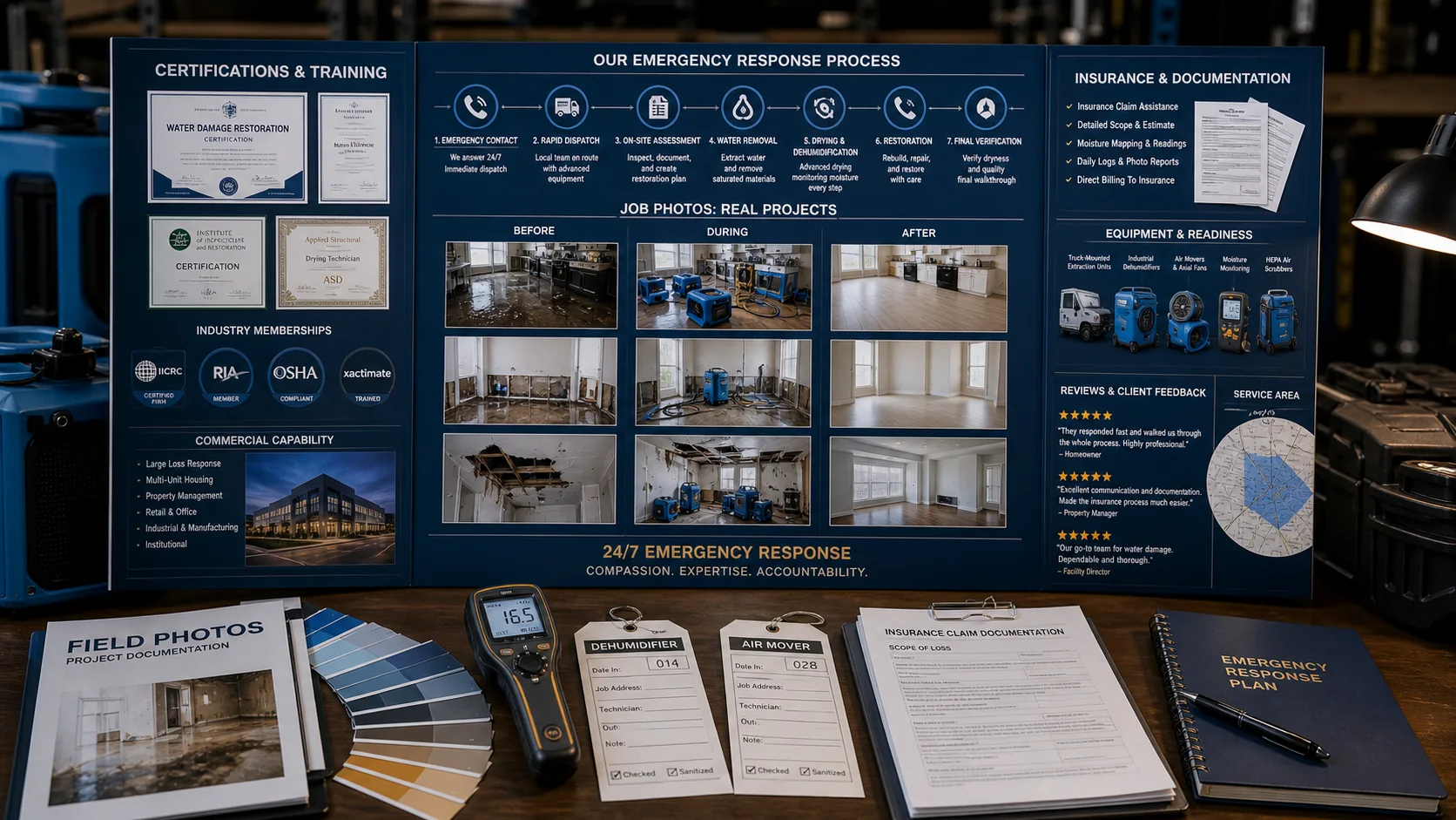 Generated restoration trust proof wall with certifications, emergency response process, job photos, insurance documentation, equipment readiness, reviews, service area, and commercial loss capability.