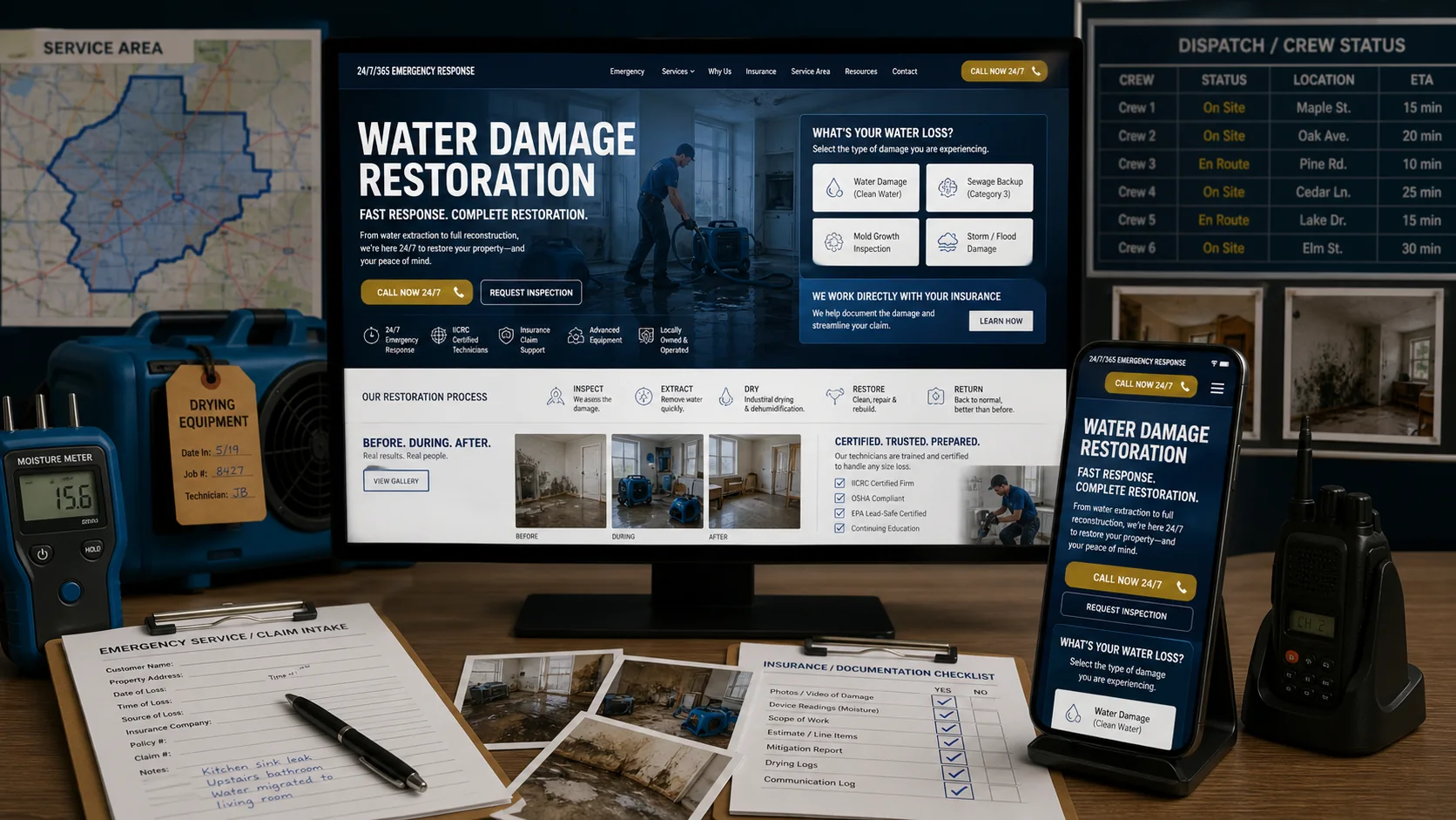 Generated water damage restoration website overhaul mockup showing emergency call path, loss-type selector, insurance documentation proof, certifications, service-area response, and crew availability.