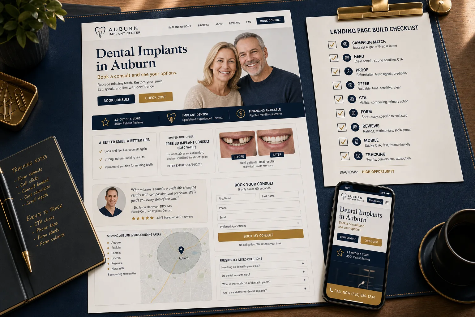 Generated dental implant landing page design showing headline, consult action button, cost action button, trust strip, offer, proof, consult form, service map, FAQ, mobile call path, tracking notes, and build checklist