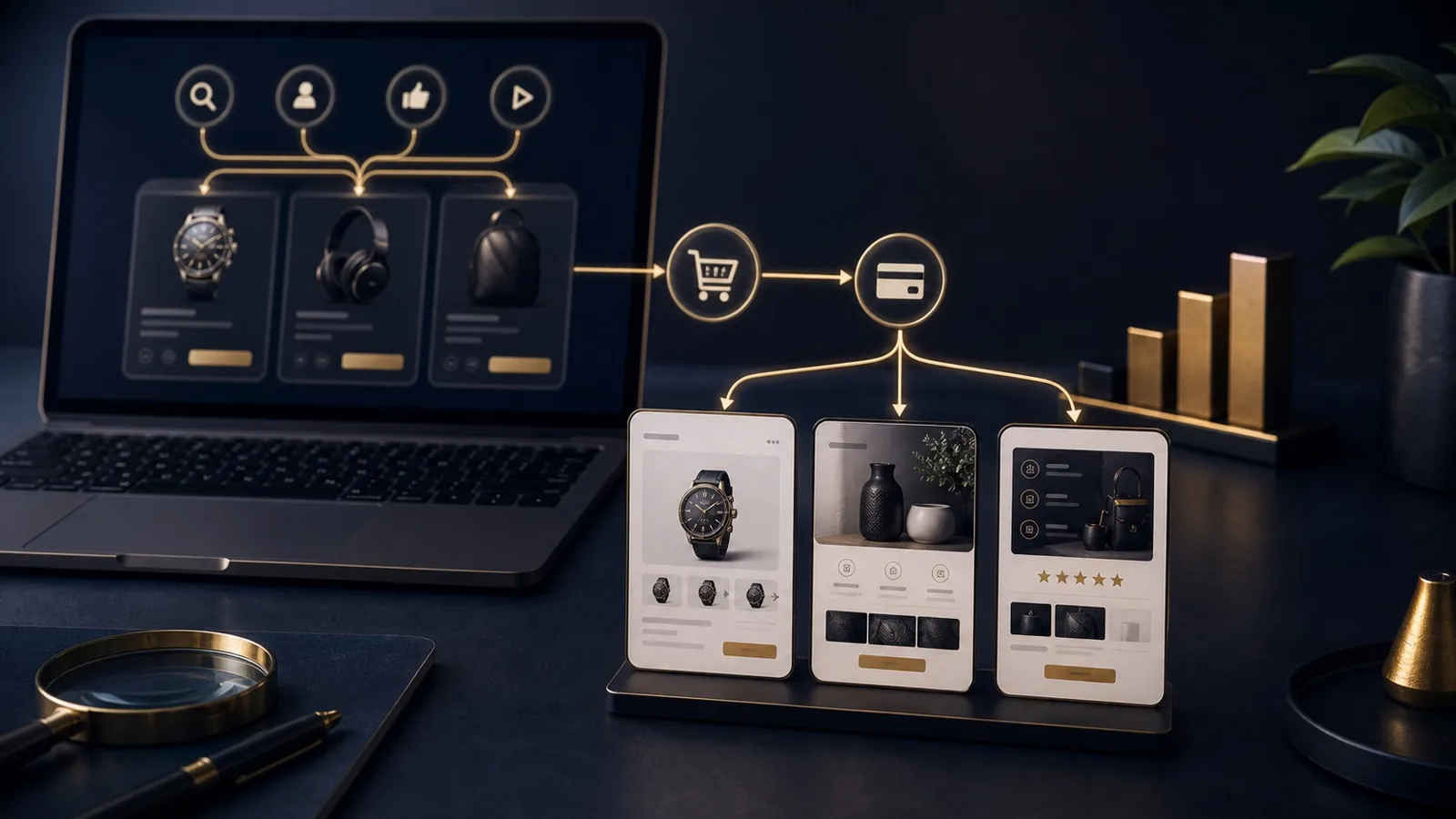 Generated landing page, product page, and sales page routing visual showing ad traffic, PDP comparison, long-form offer, proof, CTA, checkout, and marketing audit decision path