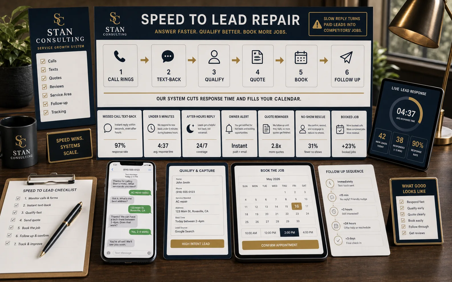 High-end generated speed-to-lead repair visual showing missed call text-back, quote request follow-up, dispatch calendar, call log, response timer, appointment booking, owner summary, and service business follow-up sequence