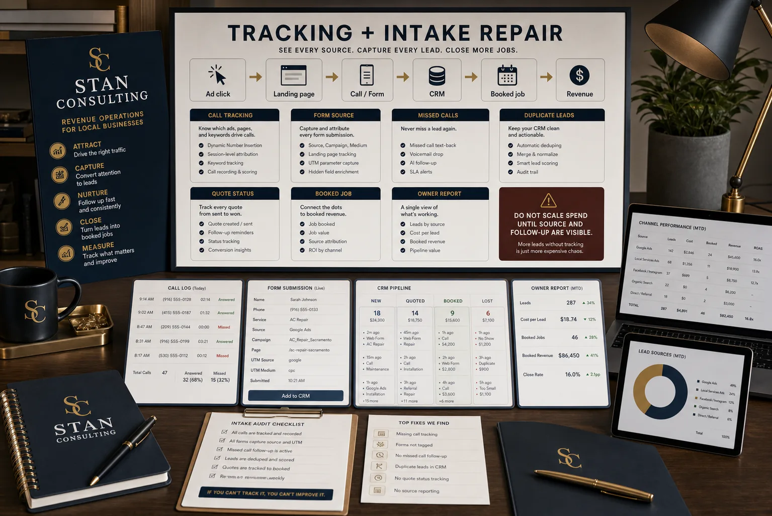High-end generated tracking and intake repair visual with calls, forms, CRM stages, source gaps, follow-up, quote requests, and revenue path
