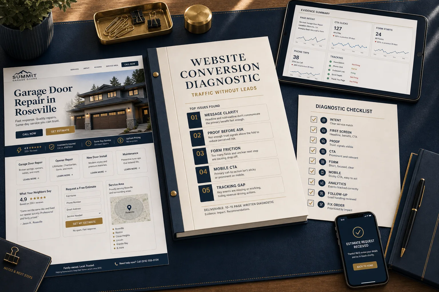Generated website conversion marketing audit showing Summit Garage Doors page, ranked findings, evidence tablet, marketing audit checklist, form path, mobile confirmation, and tracking gaps