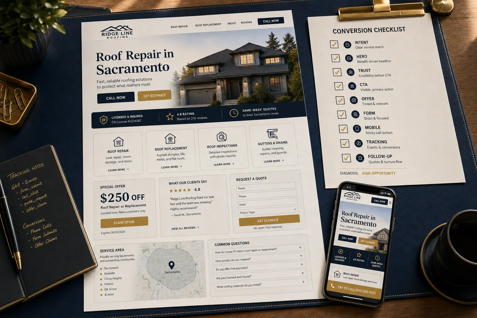 Generated roofing website conversion marketing audit showing hero message, CTAs, trust strip, offer, review, quote form, service area, tracking notes, mobile call button, and conversion checklist