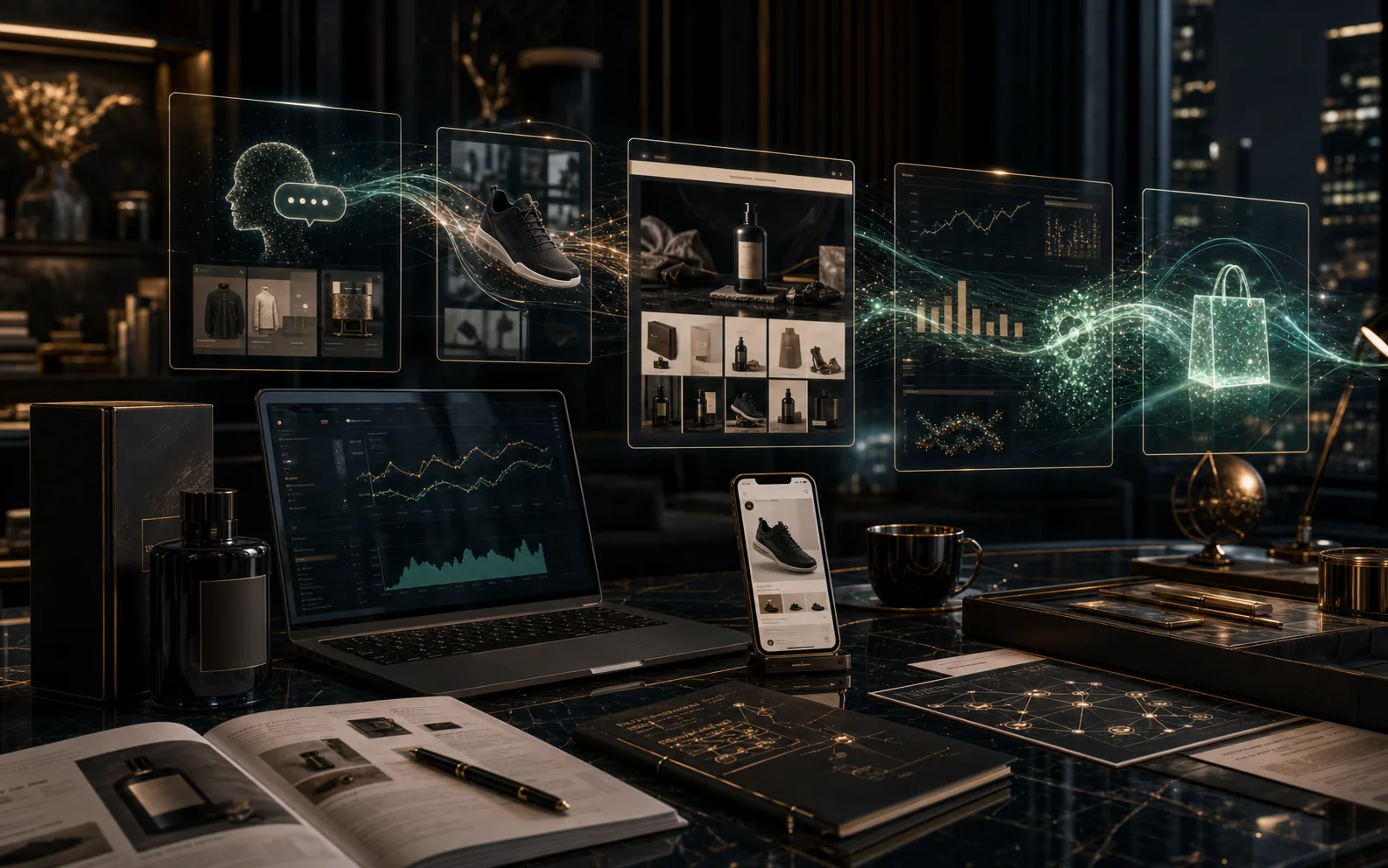 AI-generated AI shopping referral command room showing answer surfaces, product detail pages, citation context, tracking data, and Shopify buyer path evidence