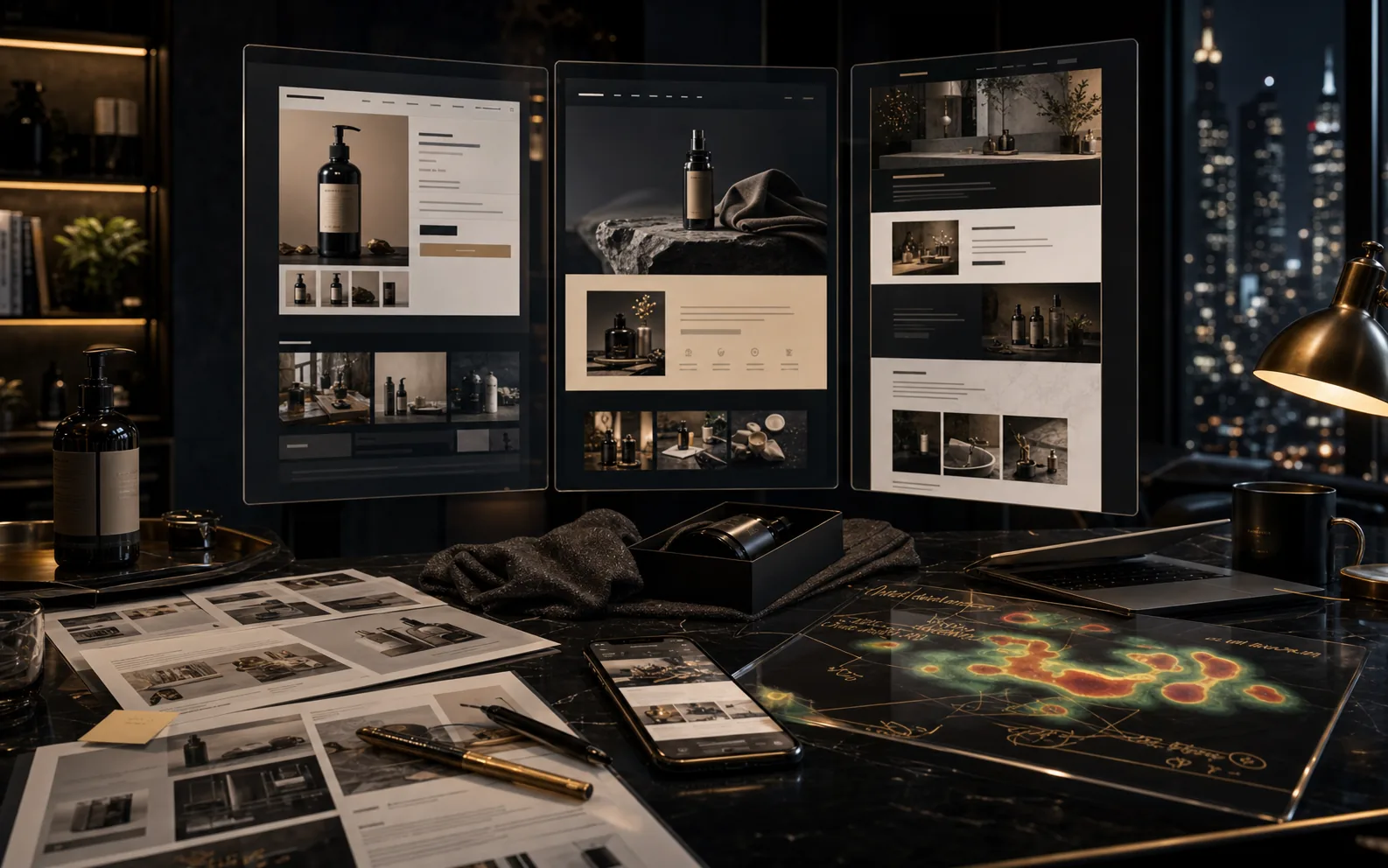 AI-generated ecommerce strategy studio showing product page, landing page, sales page, shopping intent, proof burden, tracking data, and checkout confidence signals