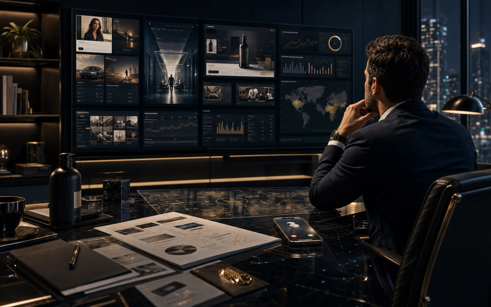 AI-generated executive marketing command room showing ecommerce pages, tracking data, buyer journey screens, campaign evidence, and owner decision context