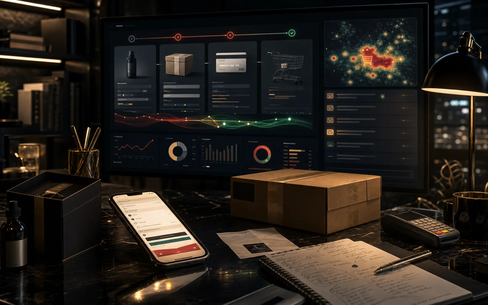 AI-generated Shopify checkout marketing audit studio showing cart, checkout, payment, recovery, tracking data, and revenue drop-off evidence on premium operator screens