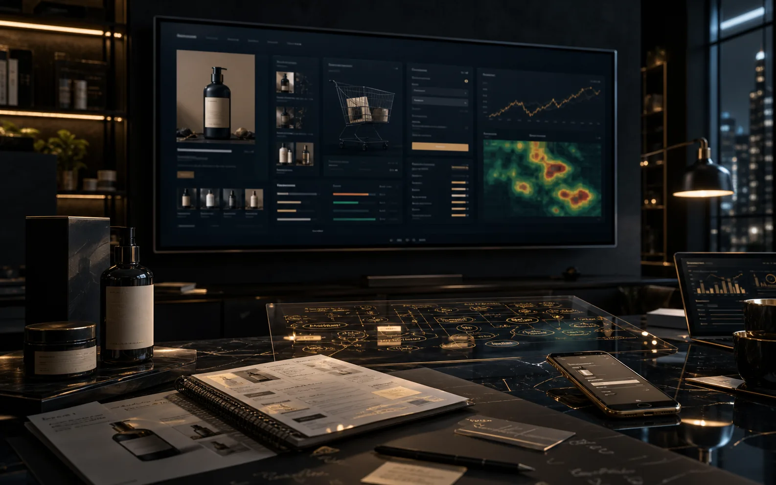 AI-generated ecommerce marketing audit command room showing product page, cart, checkout, tracking data, heatmap, product packaging, and phone checkout context