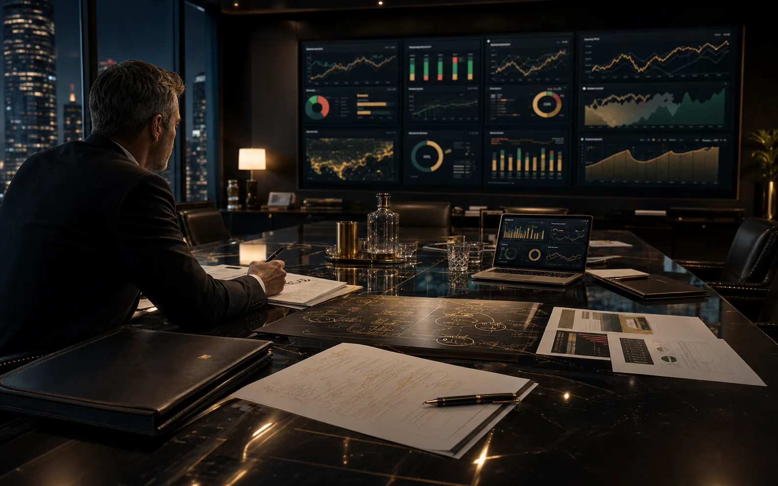AI-generated strategic marketing decision room showing executive planning table, campaign screens, budget tracking data, vendor notes, and operating rhythm evidence