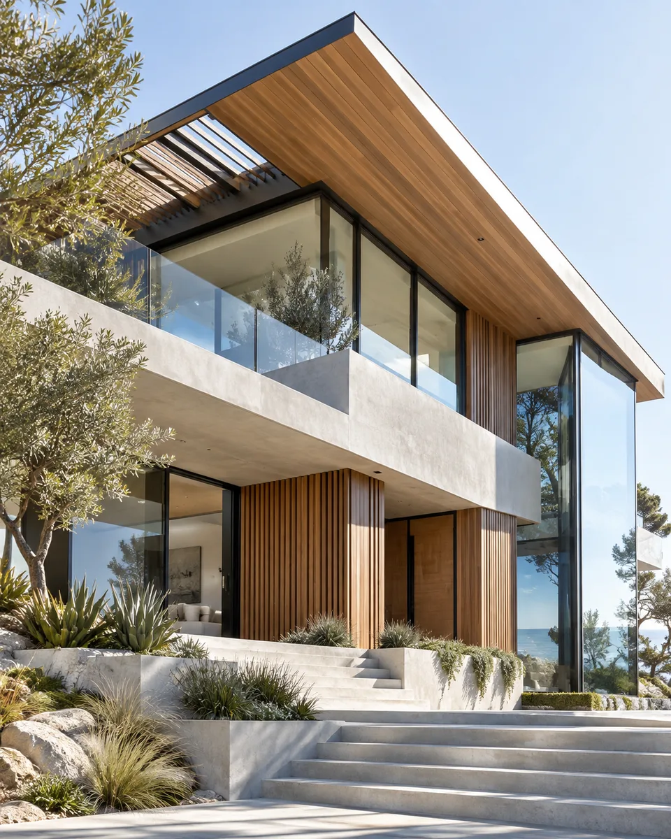 Illustrative completed home with a sculptural roofline and carefully finished materials.