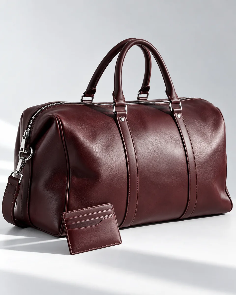 Illustrative leather bag and matching card holder photographed for an online store.