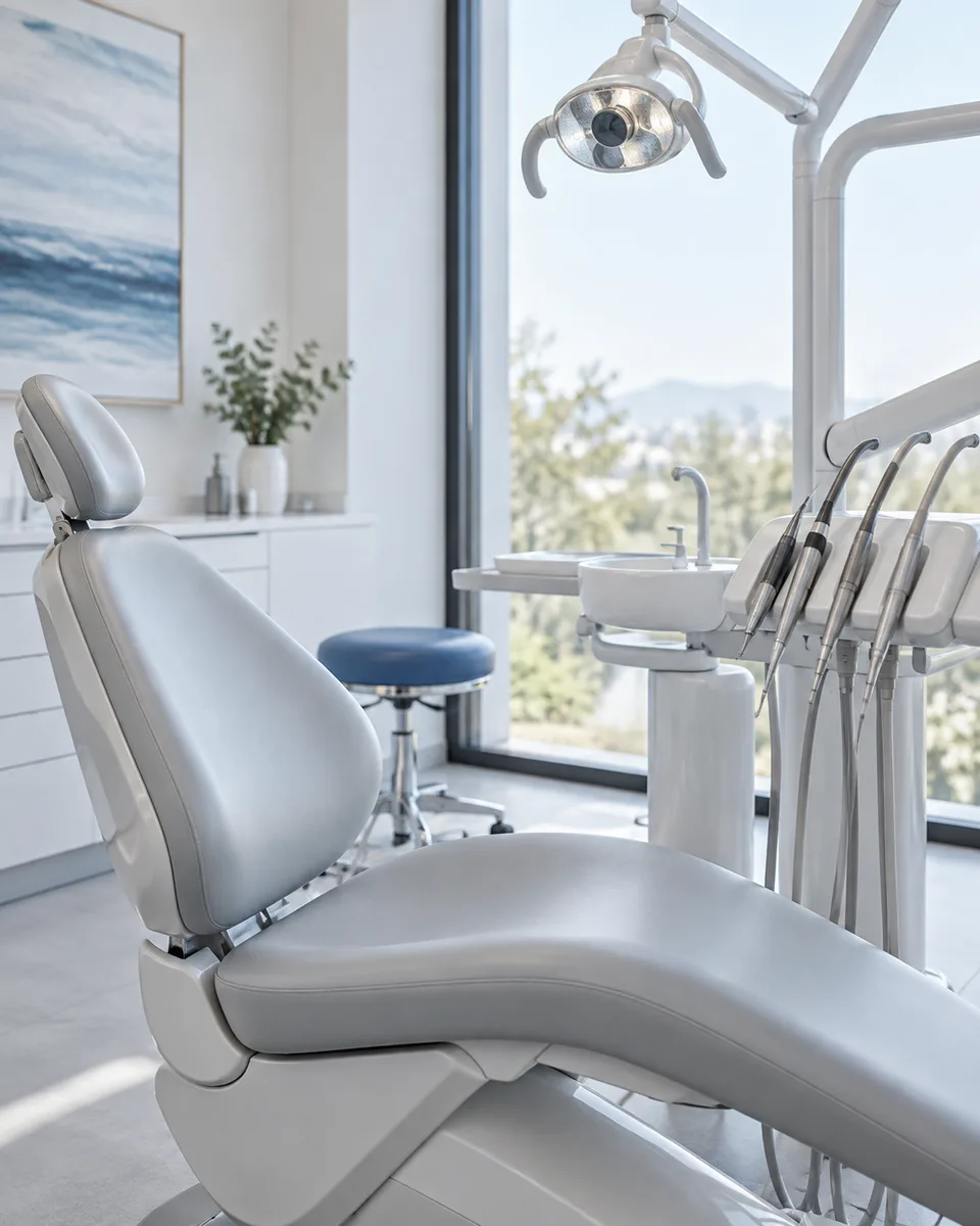 Illustrative light-filled dental practice with a treatment chair and equipment.