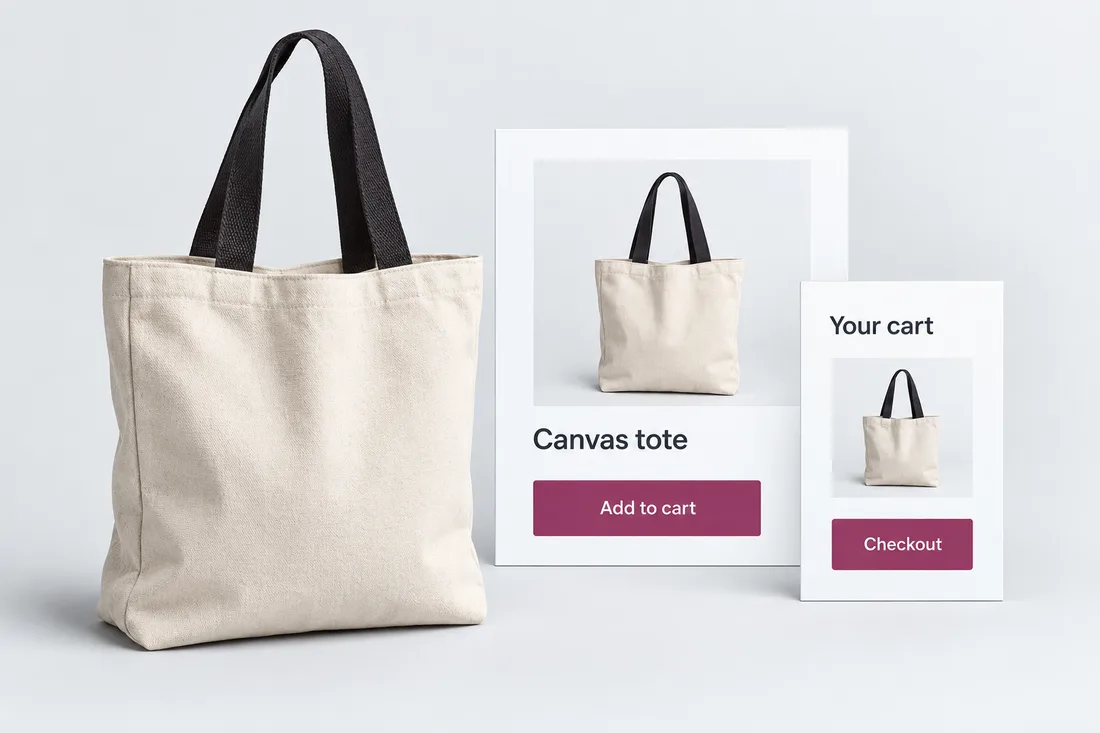 An example product connected to its product page and shopping cart.