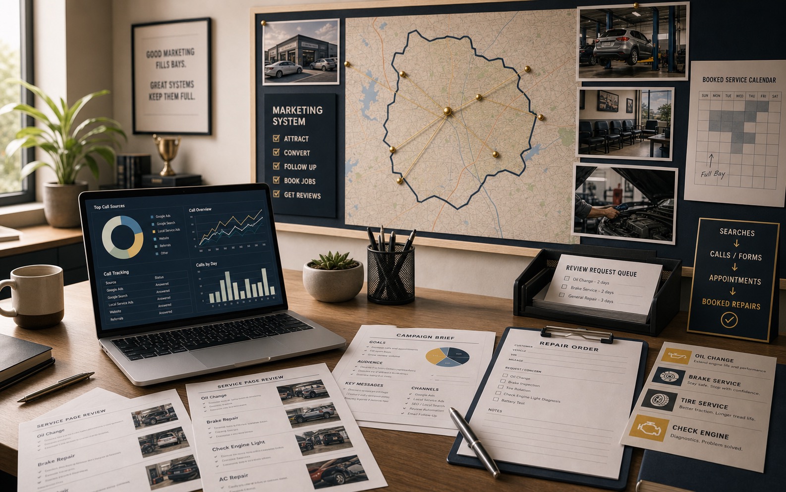 Marketing operations office for auto repair shops showing service-area demand, appointment tracking, repair order flow, review requests, and booked service visits.