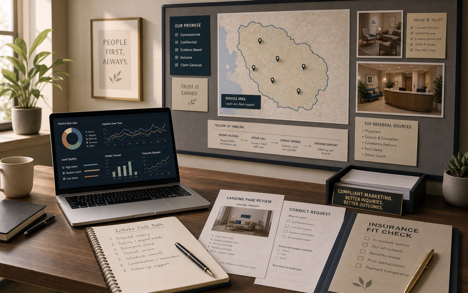 Marketing operations office for behavioral health clinics showing compliant landing pages, consult requests, intake tracking, referral notes, and trust proof.