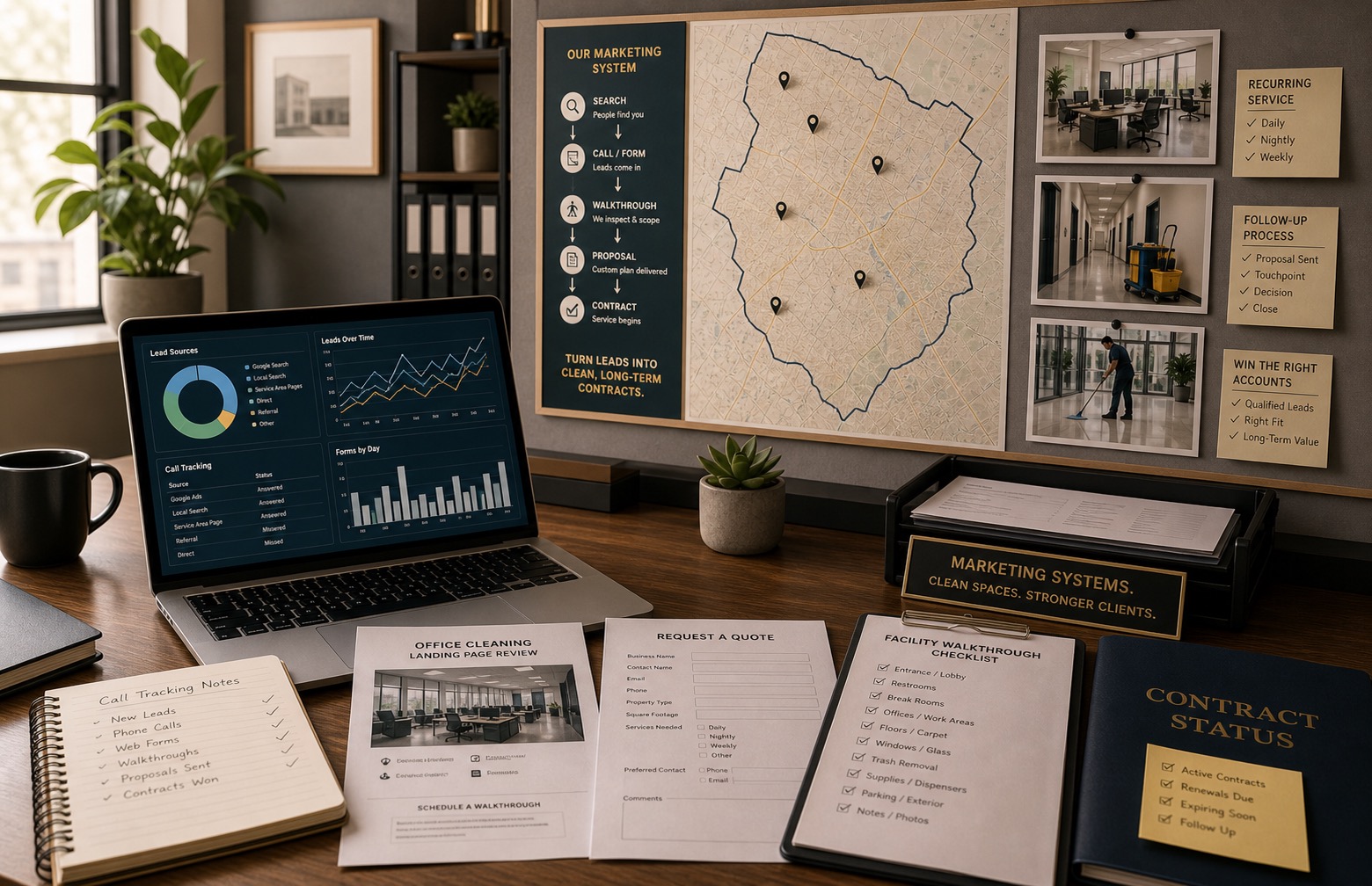 Marketing operations office for commercial cleaning companies showing quote forms, walkthrough scheduling, call tracking, service-area demand, proposal follow-up, and booked contracts.