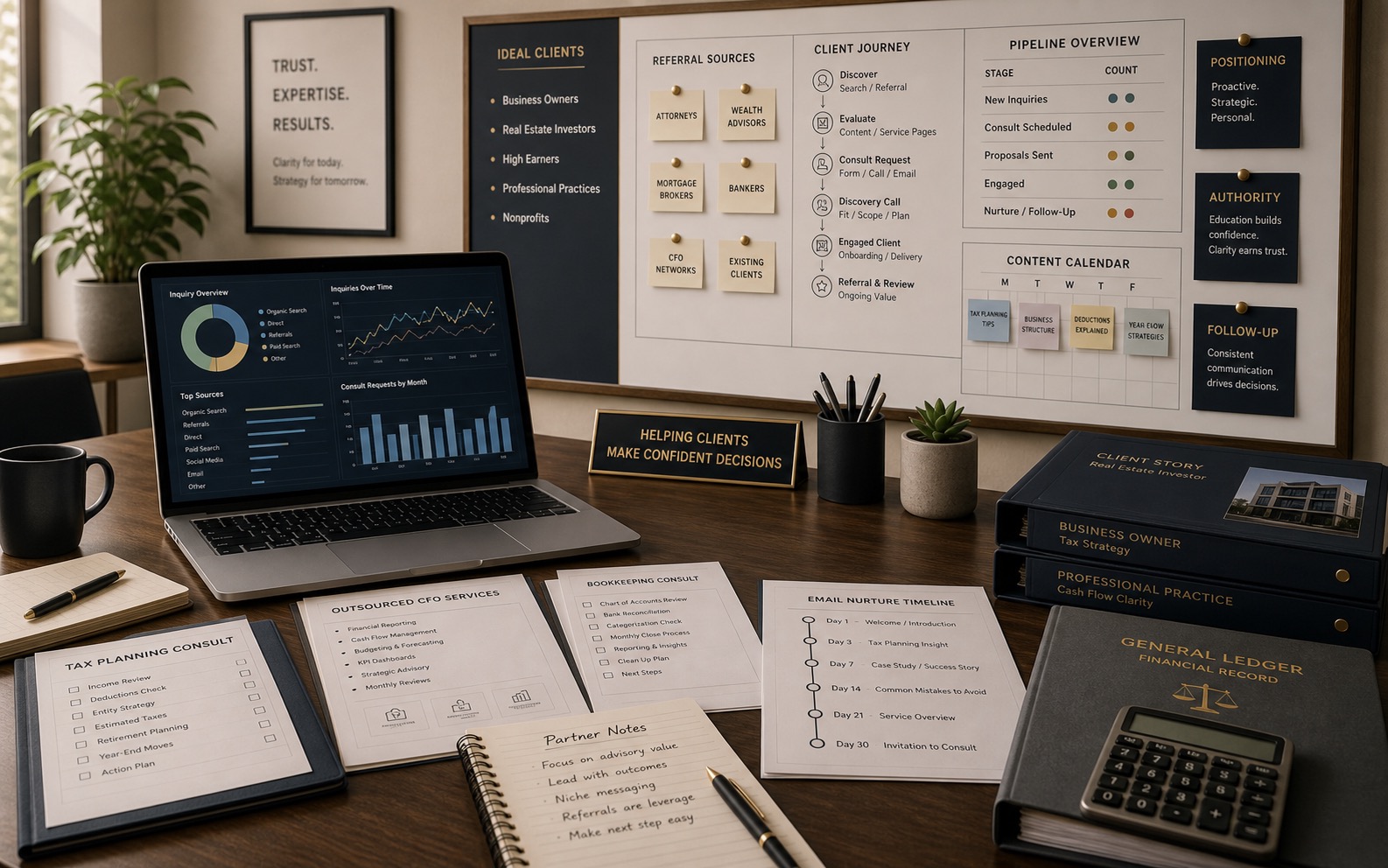 Marketing operations office for CPA firms showing niche service pages, referral source tracking, consult requests, nurture timeline, proof folders, and pipeline status.