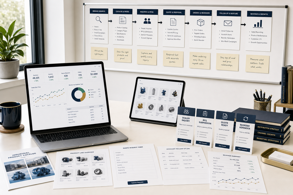 Distribution and wholesale marketing workspace showing catalog demand, quote requests, dealer inquiries, CRM follow-up, reorders, and revenue reporting