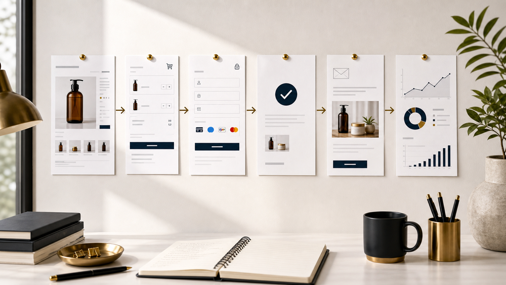 Ecommerce product page, cart, checkout, purchase confirmation, email follow-up, and reporting cards in a bright consulting workspace.