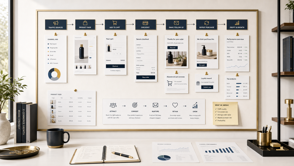 Ecommerce and product brand marketing workspace with Shopify purchase sequence, product page notes, cart tracking, and campaign reporting.