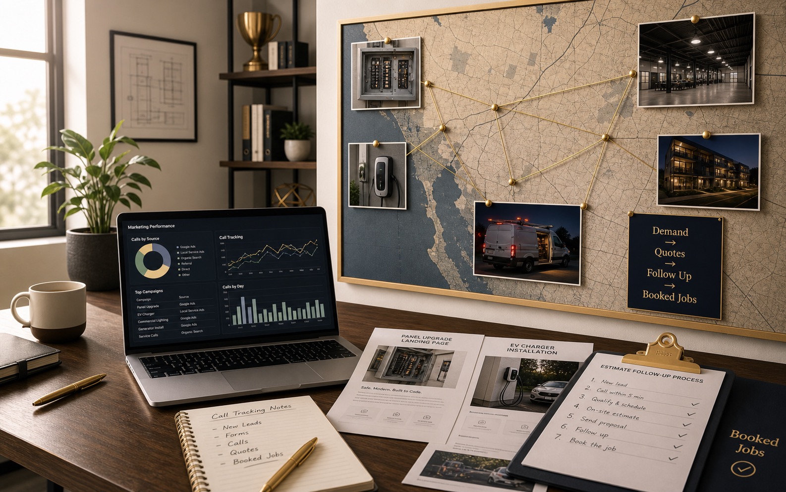 Marketing operations office for electrical contractors showing service-area demand, panel upgrade landing pages, EV charger requests, call tracking, estimate follow-up, and booked jobs.