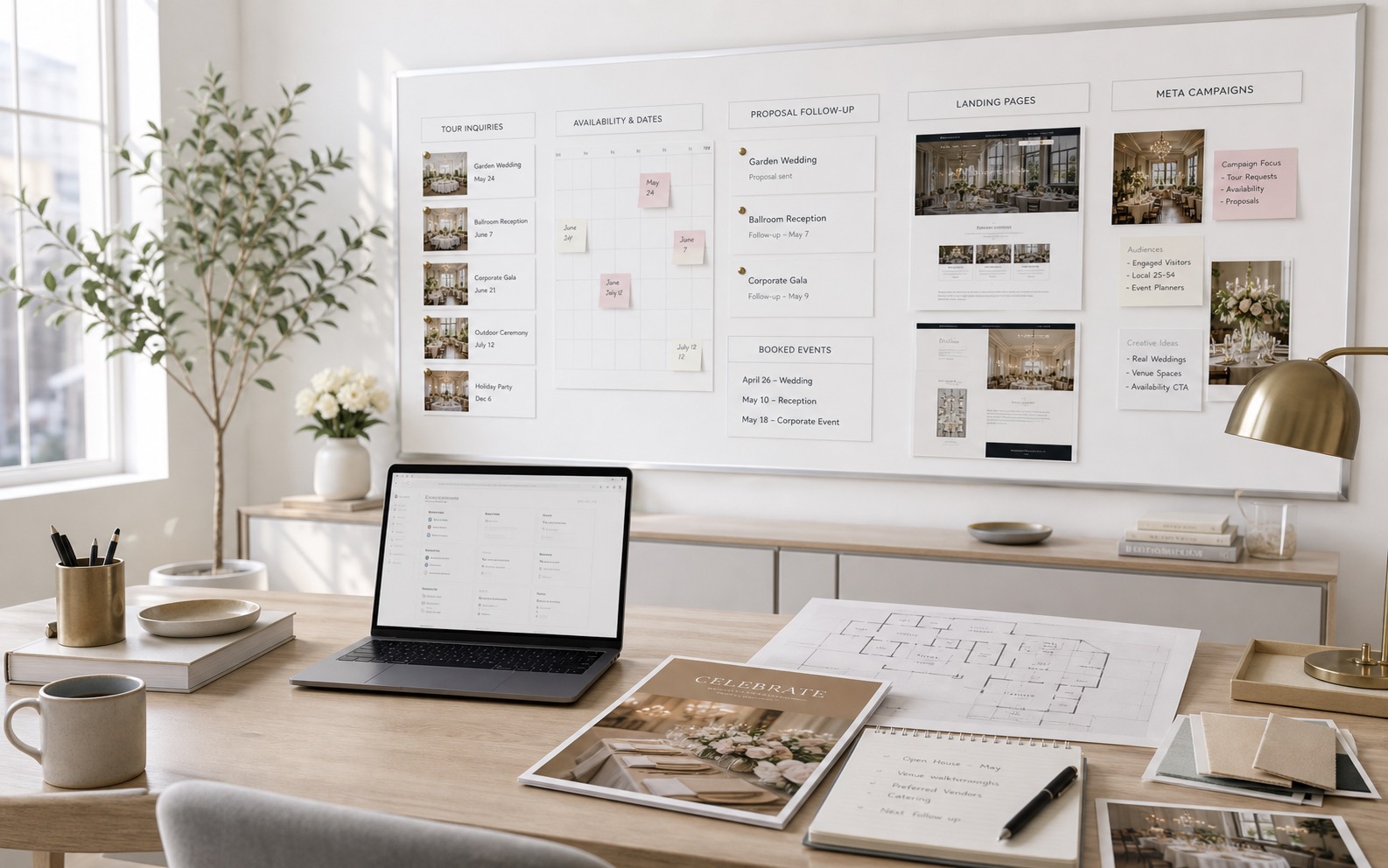 Marketing operations office for event venues showing tour inquiry cards, availability calendar, landing pages, Meta campaign notes, proposal follow-up, and booked events.