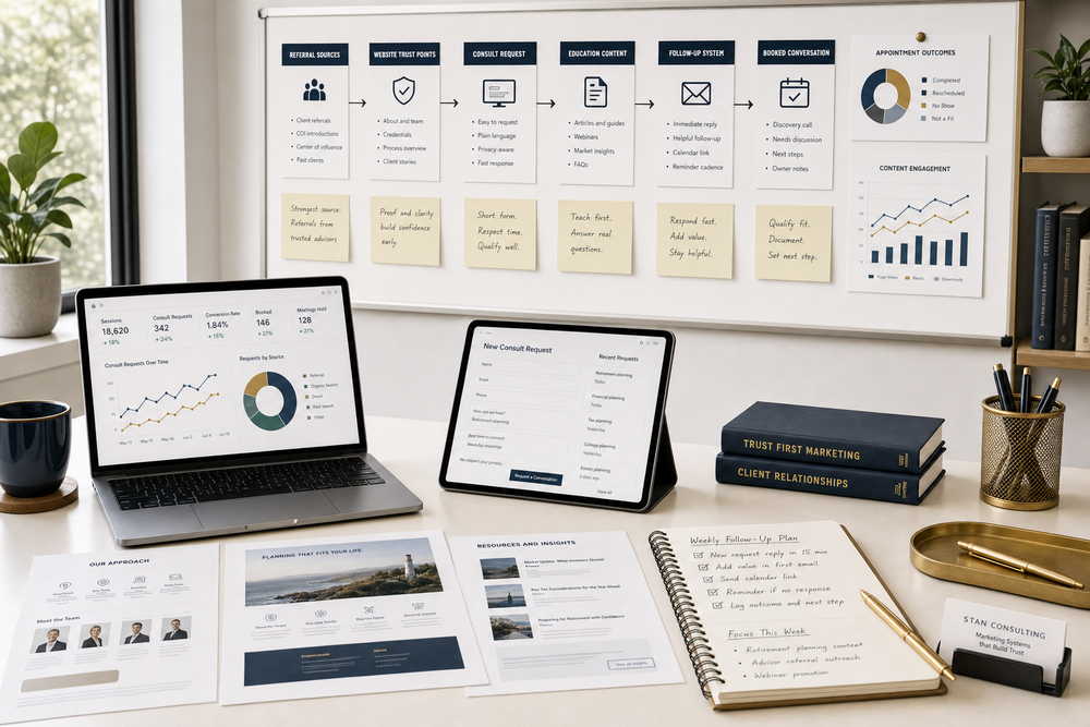 Marketing operations office for financial services firms showing trust-led website pages, referral journeys, consult request forms, compliance placeholders, education content, and follow-up.