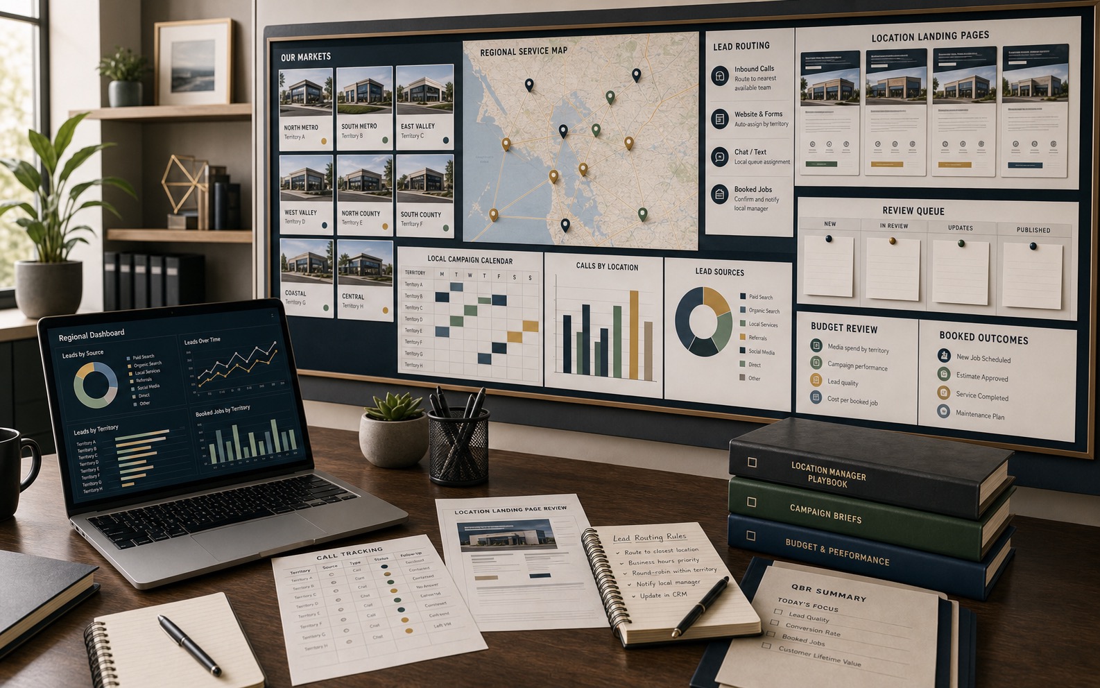 Marketing operations office for franchise and multi-location companies showing regional maps, local landing pages, location tracking, guidance notes, budget folders, and manager dashboards.