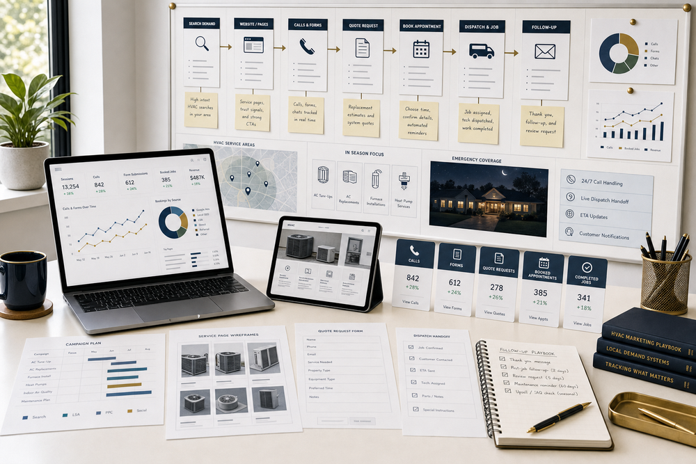 Marketing operations office for HVAC companies showing service-area demand, call tracking, seasonal planning, replacement estimate requests, and booked job follow-up.