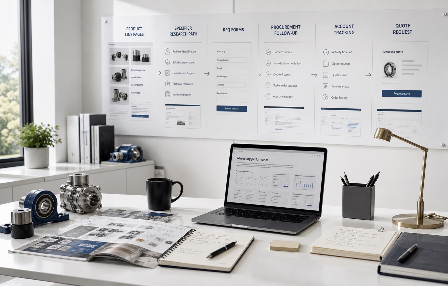 Marketing operations office for industrial distribution showing product line pages, specifier research path, RFQ forms, procurement follow-up, and quote tracking.