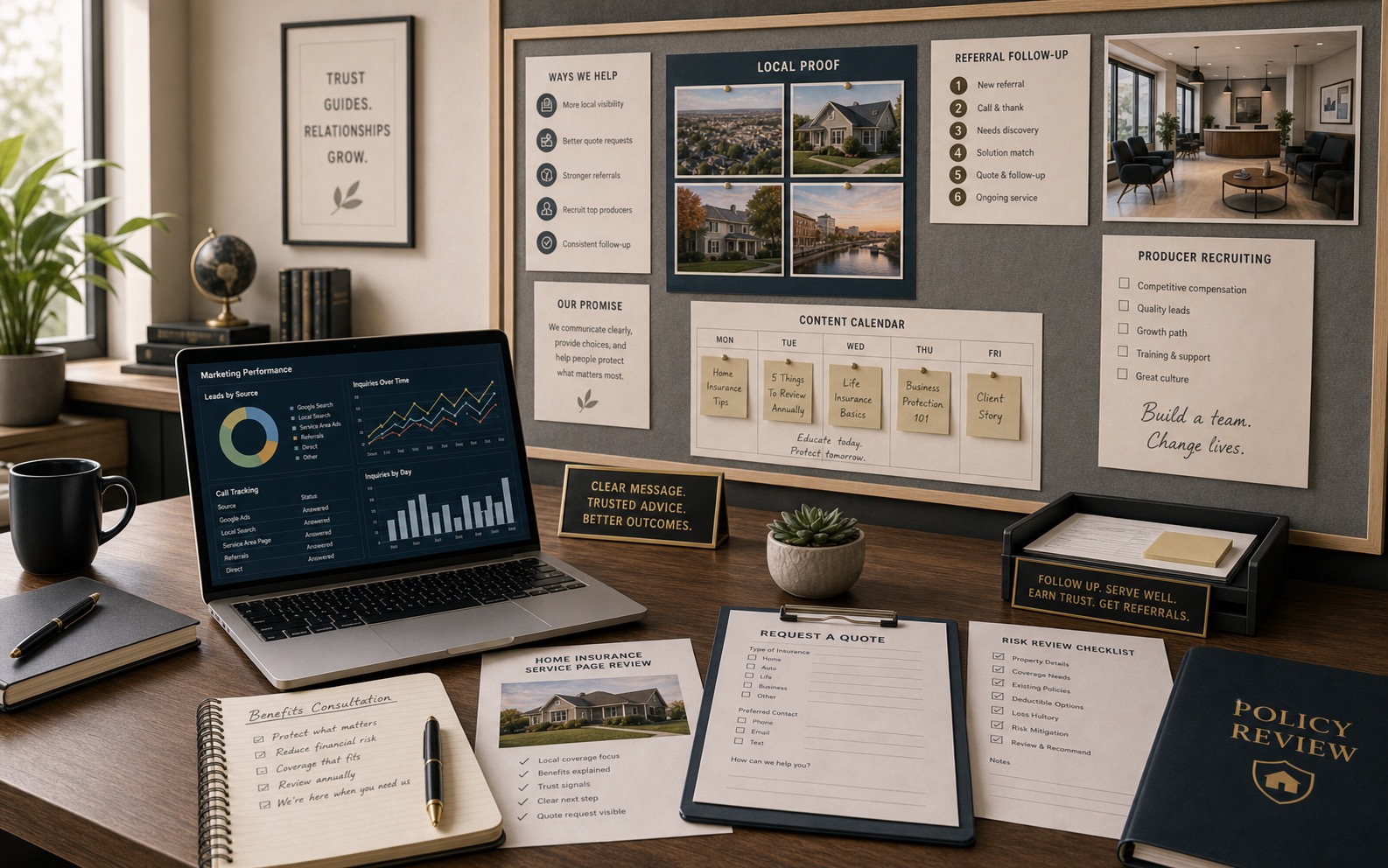Marketing operations office for insurance agencies showing quote request forms, referral follow-up, producer recruiting notes, policy folders, local proof, and tracking.