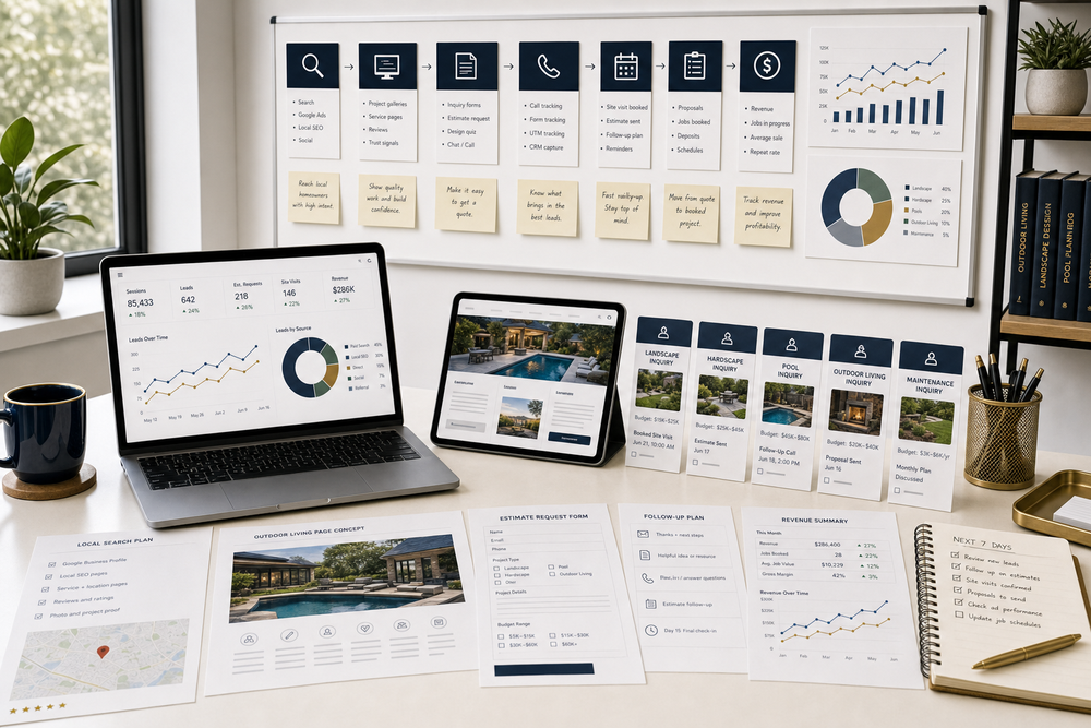Marketing operations office for landscaping and pool companies showing service-area demand, project inquiries, landing pages, calls, quote follow-up, and booked projects.