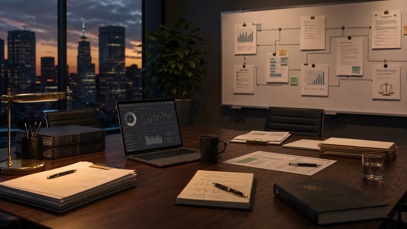 Law firm marketing board showing consultation requests, intake, case-type pages, Google Ads, Make us visible in search and AI, tracking, follow-up, and signed retainers.