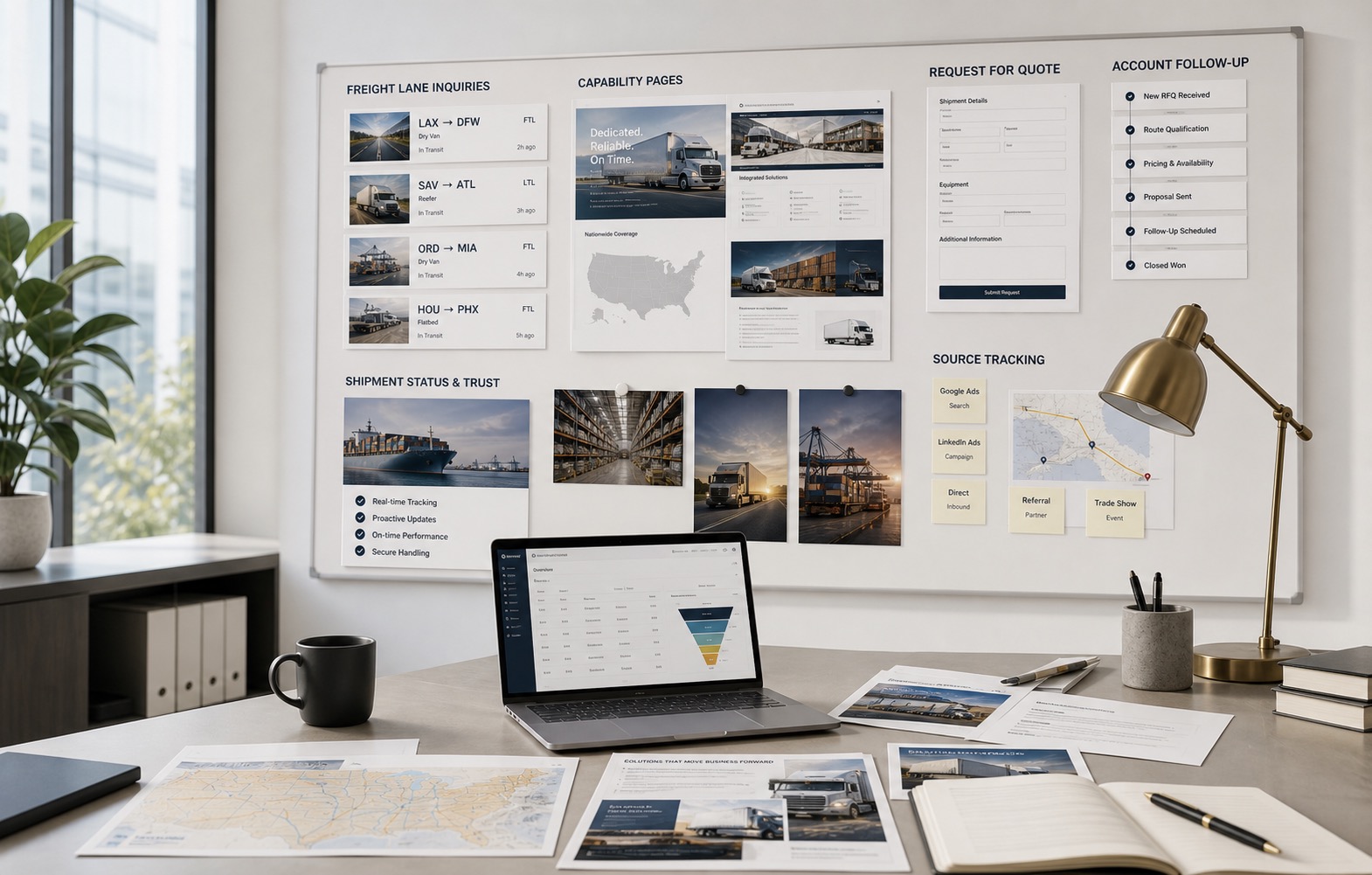 Marketing operations office for 3PL logistics showing freight lane inquiries, capability pages, RFQ forms, account follow-up, source tracking, and sales dashboard.