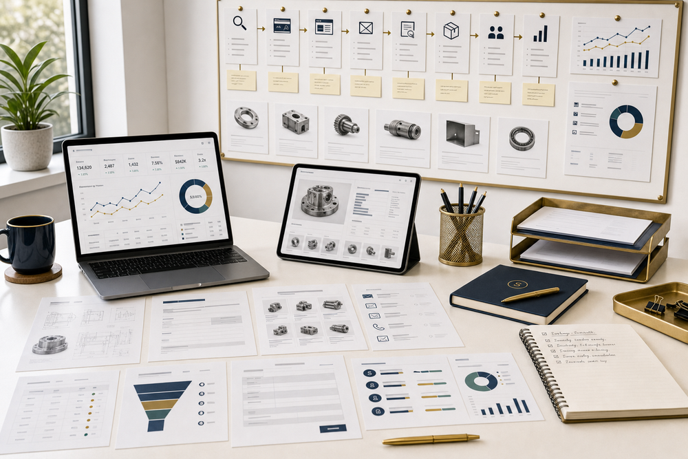 Manufacturing and industrial marketing workspace showing RFQ forms, technical specs, capability pages, search and ad notes, quote follow-up, CRM status, and reporting