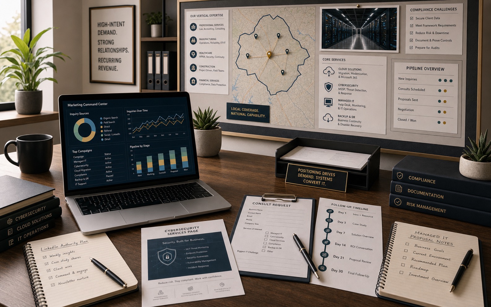 Marketing operations office for MSP and IT services firms showing cybersecurity service pages, compliance problem cards, proof folders, consult requests, authority notes, and pipeline tracking.