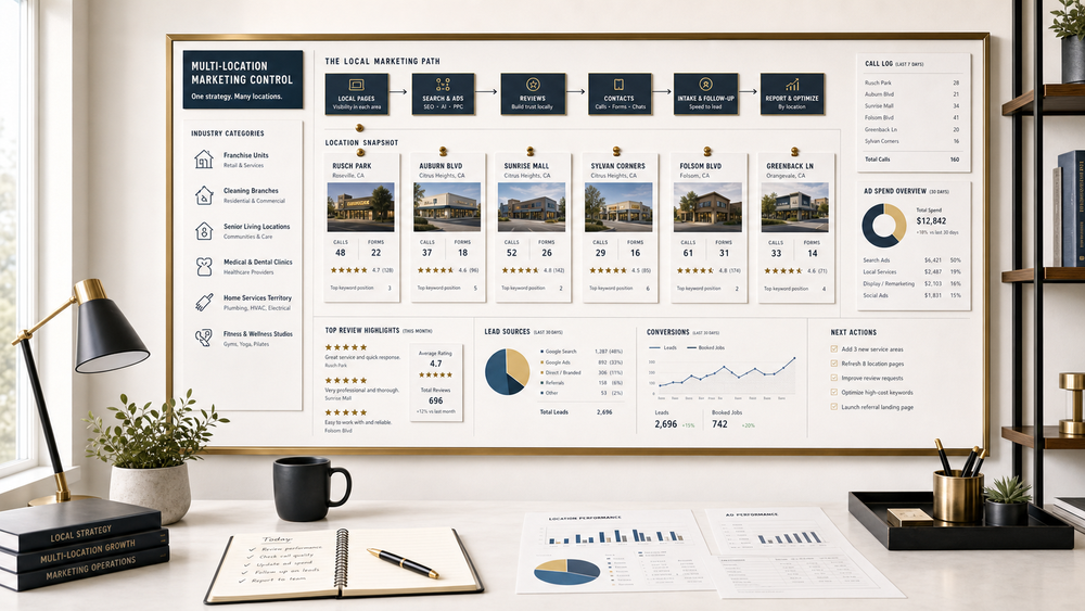 Multi-location marketing workspace with local pages, location demand, Google Ads, reviews, reporting, and intake follow-up.