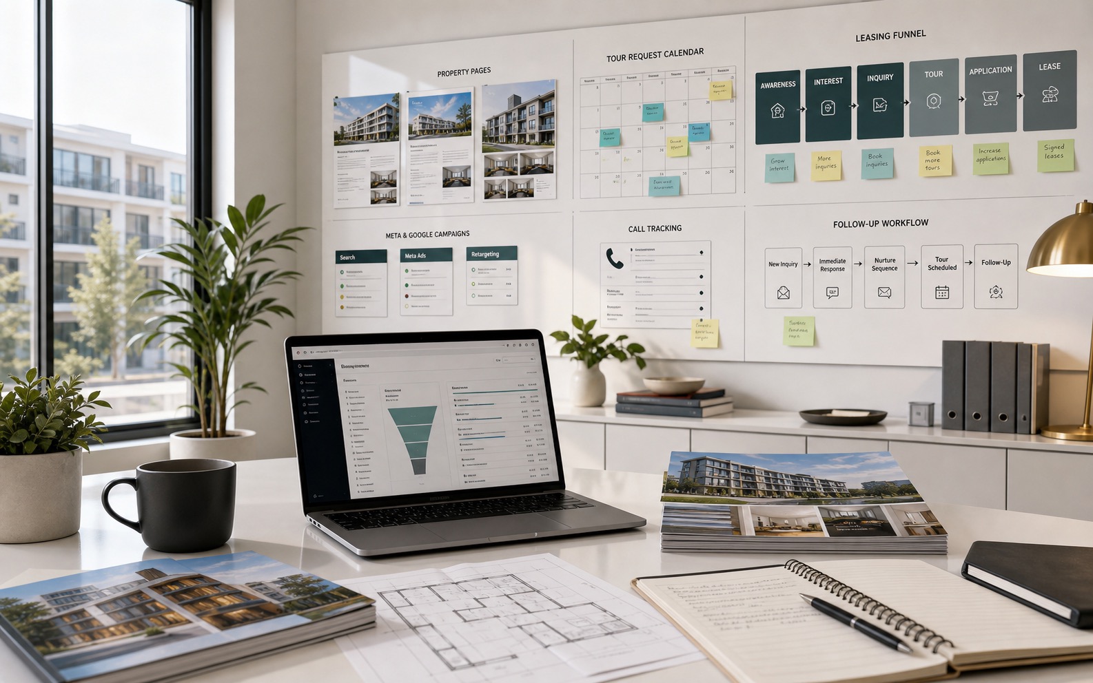 Marketing operations office for multifamily apartment teams showing property pages, tour request calendar, leasing inquiry cards, paid traffic notes, and follow-up workflow.