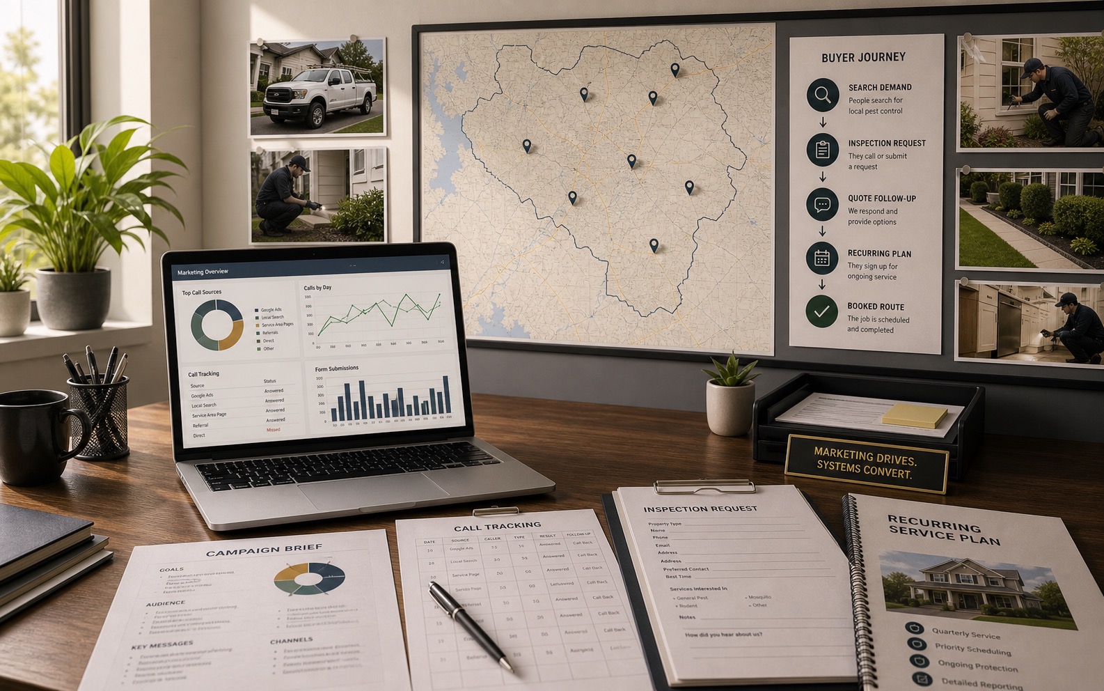 Marketing operations office for pest control companies showing inspection requests, call tracking, recurring service plans, service-area demand, and booked service schedules.