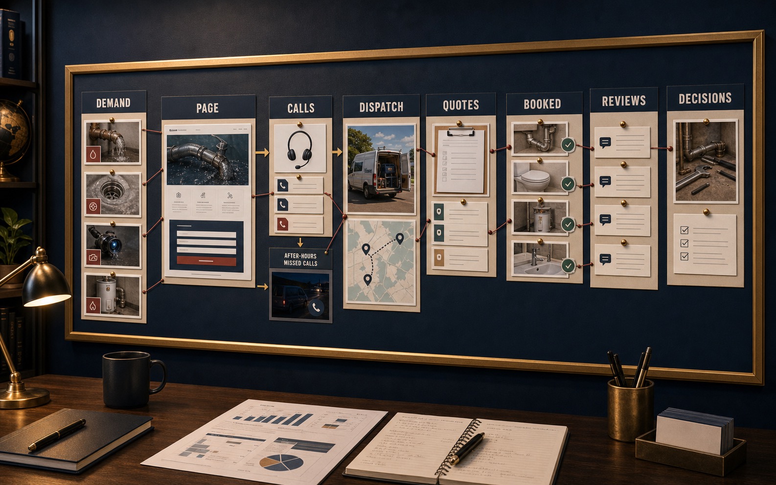 Plumbing marketing operations board showing demand, page, calls, dispatch, quotes, booked jobs, reviews, and owner decisions.