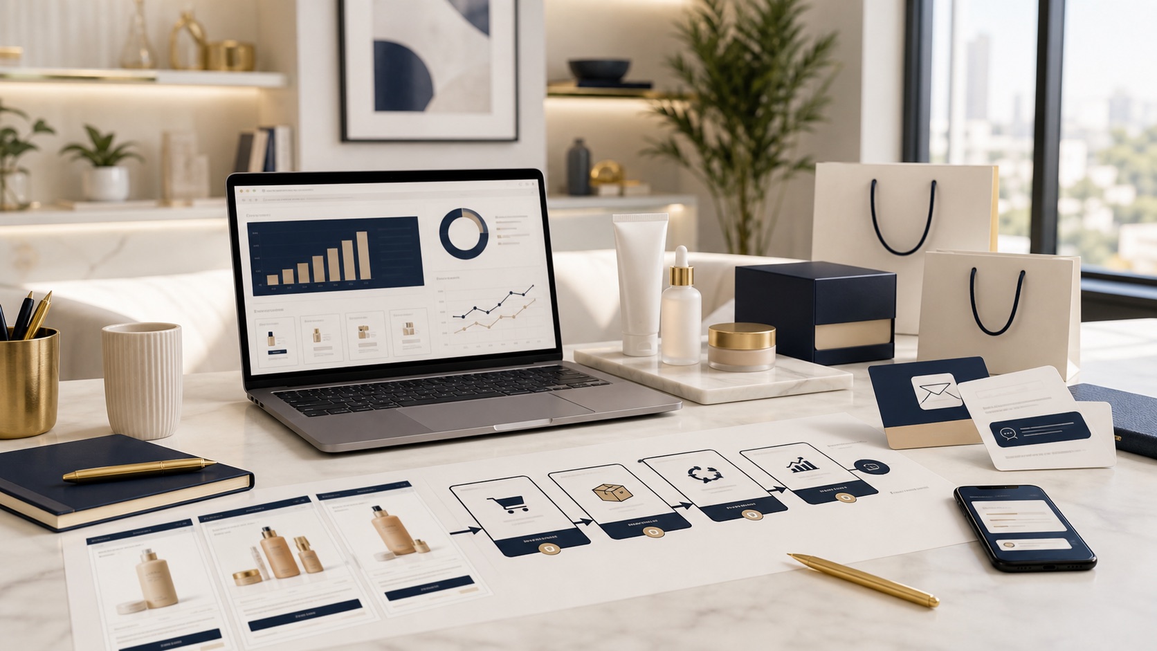 Product brand marketing workspace with paid traffic, product pages, checkout, retention, and repeat-purchase tracking