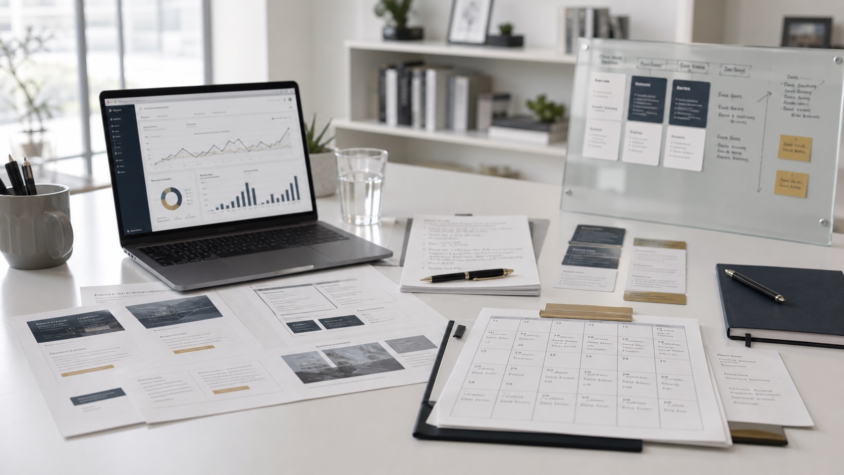 Professional services marketing intake board showing search, referrals, landing pages, proof, booked consultations, and proposal follow-up.