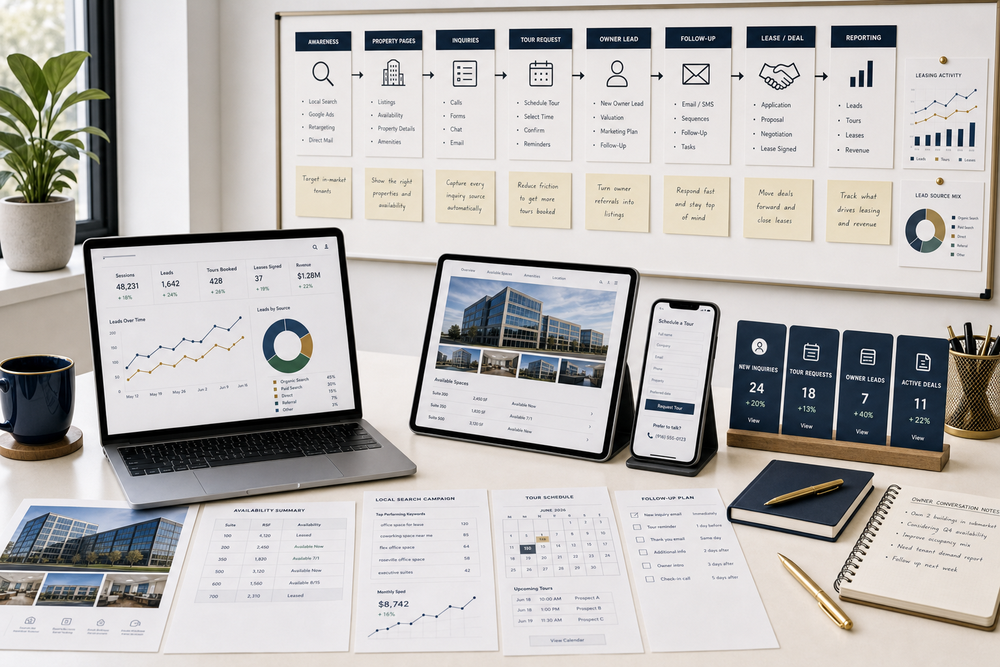 Marketing operations office for property management and commercial real estate showing property pages, leasing inquiries, tour requests, call tracking, and follow-up.
