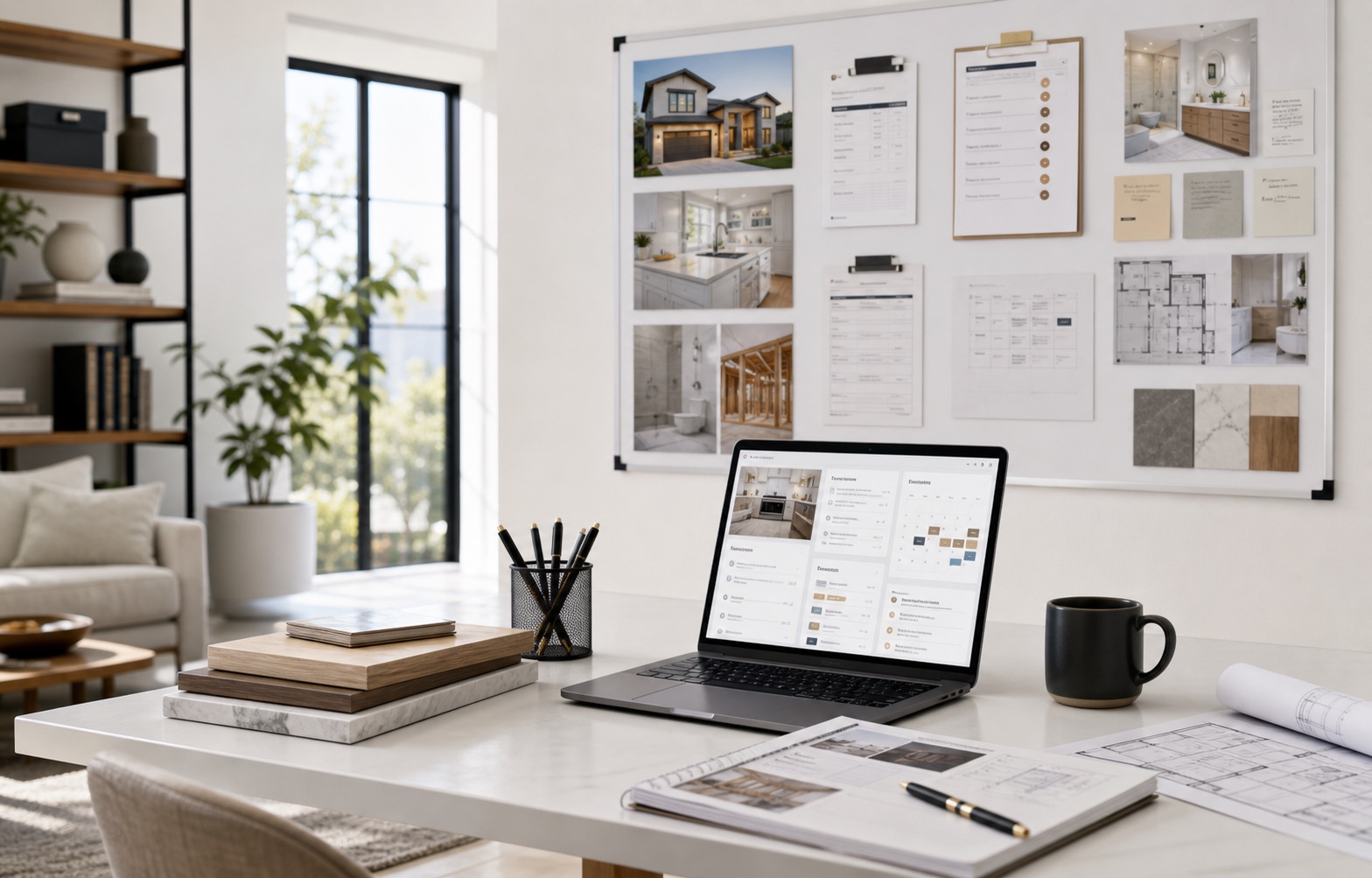Marketing operations office for remodeling contractors showing estimate requests, project pages, call tracking, consultation calendar, proposal follow-up, and booked project path.