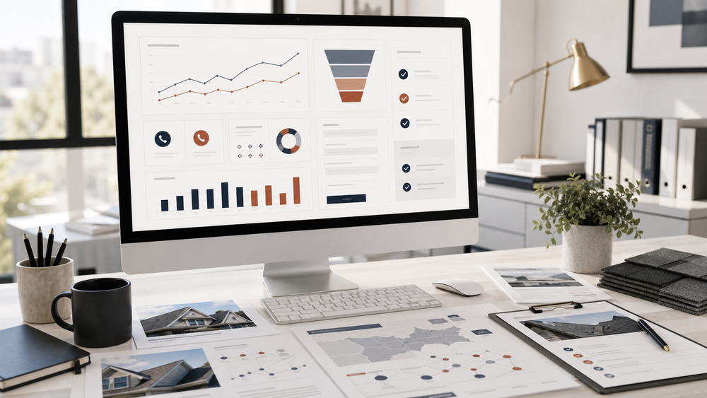 Roofing marketing operations desk showing roof photos, call tracking, quote follow-ups, local demand, and booked-job reporting.