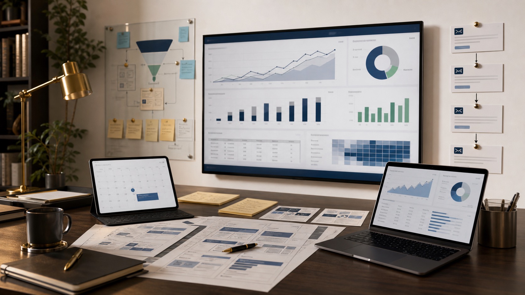 SaaS marketing workspace showing demo requests, trials, onboarding pages, paid acquisition, lifecycle follow-up, revenue reporting, and pipeline.