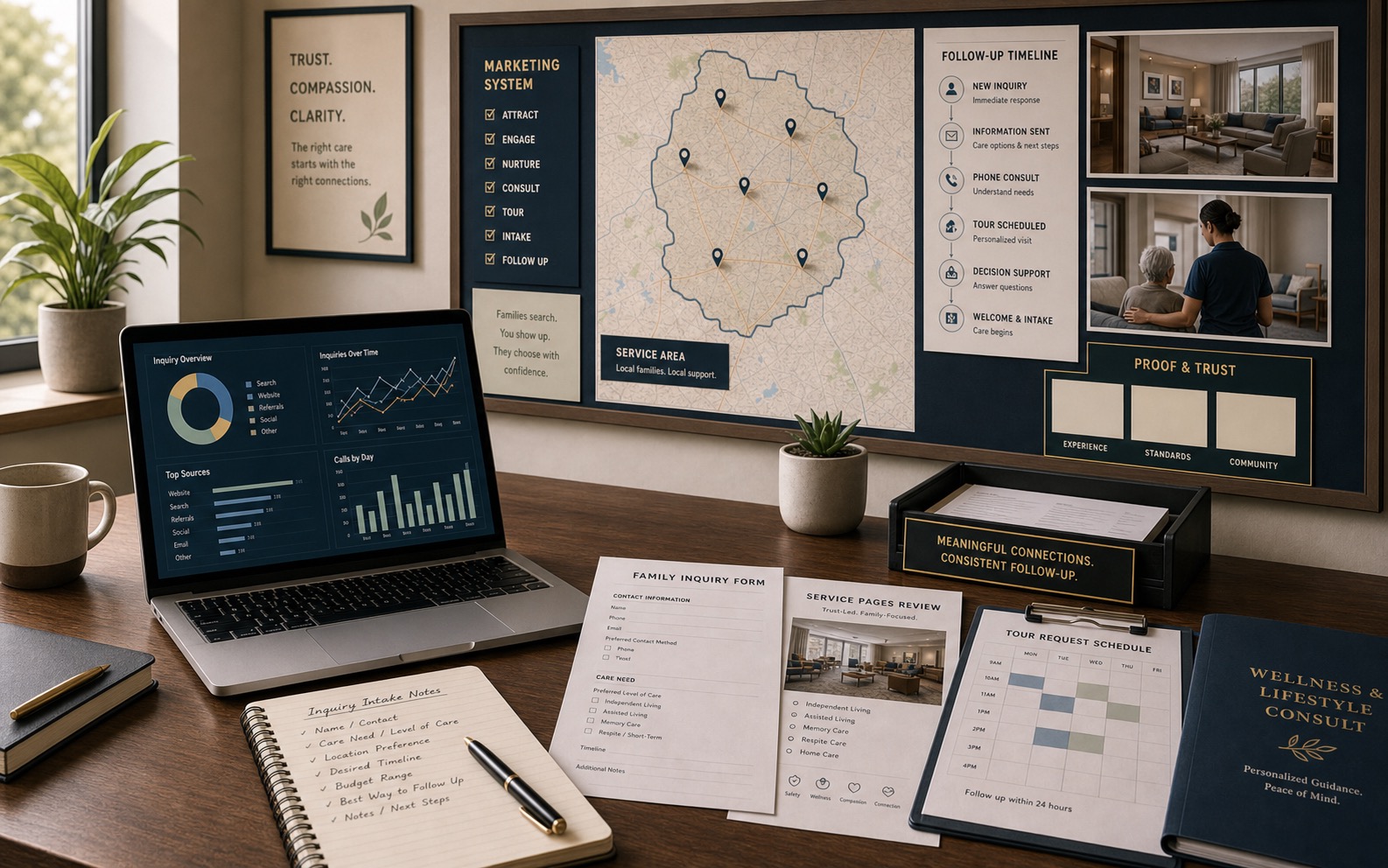 Marketing operations office for senior living and wellness teams showing family inquiry forms, tour request calendar, trust-led pages, call tracking, intake notes, and follow-up.